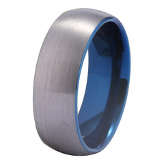 Couple's Matching Set of 6mm and 8mm Matte Silver and Blue Inner Tungsten Carbide Rings