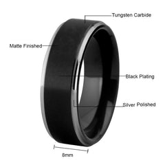 Couple's Matching Set of 6mm and 8mm Classic Black Tungsten Carbide Rings