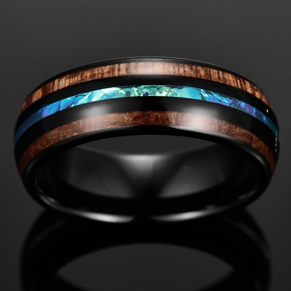 Men's 8mm Black Dome Inlaid Acacia Opal Tungsten Carbide Ring