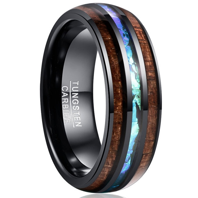 Men's 8mm Black Dome Inlaid Acacia Opal Tungsten Carbide Ring