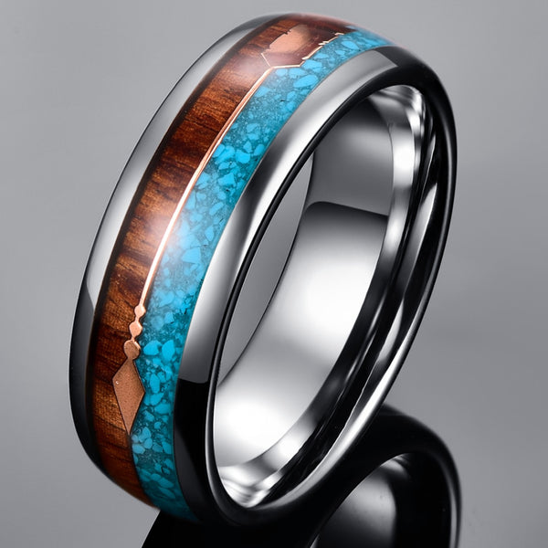 Men's 9mm Wood and Blue Opal Tungsten Carbide Ring