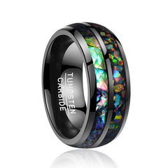 Men's 8mm Electroplated Inlaid Shell and Opal Dome Black Tungsten Carbide Ring