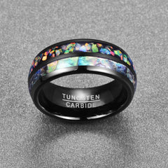 Men's 8mm Inlaid Shell and Opal Dome Black Tungsten Carbide Ring