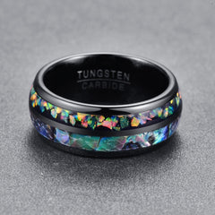 Men's 8mm Inlaid Shell and Opal Dome Black Tungsten Carbide Ring