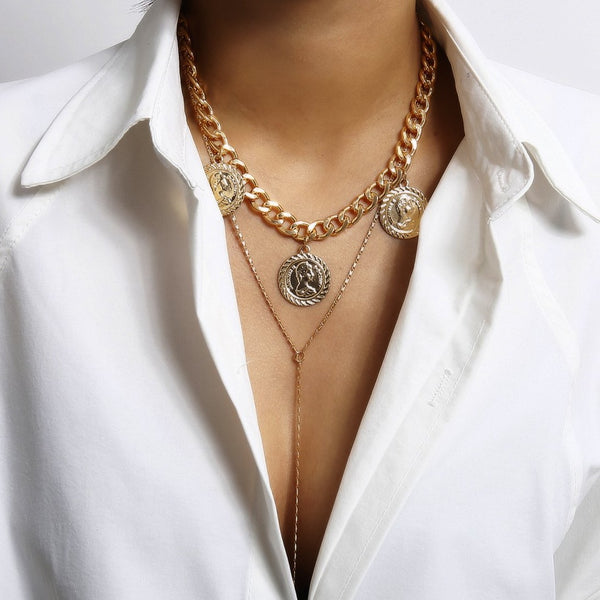 Women's Vintage Big Coin Pendant Metal Necklace