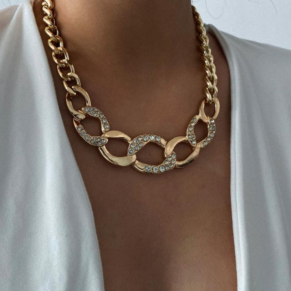 Women's Thick Link Metal and Rhinestone Necklace