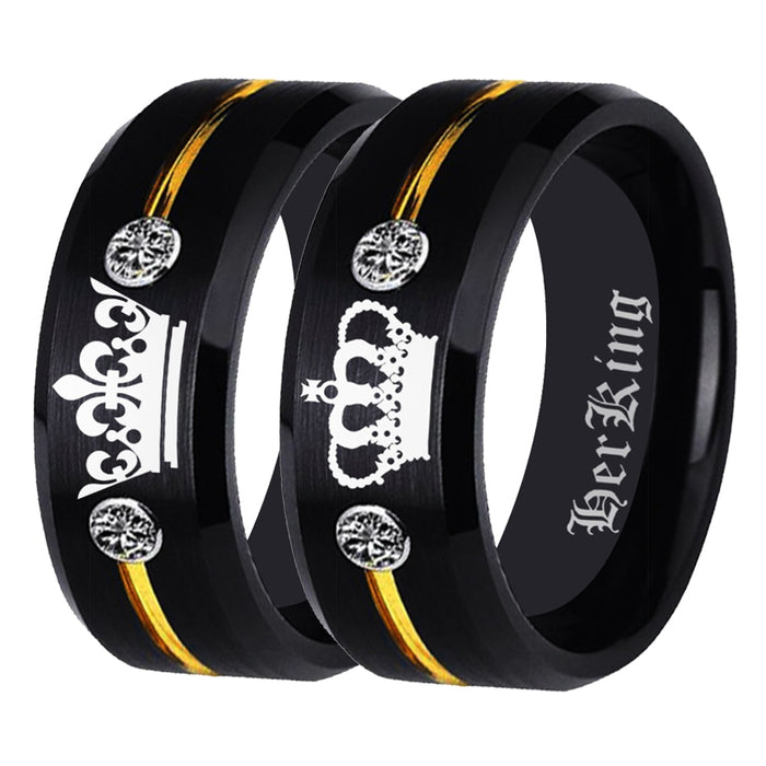 Couple's Matching Set of 6mm and 8mm Silver Engraved Her King | His Queen Black Tungsten Carbide Rings