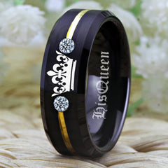 Couple's Matching Set of 6mm and 8mm Silver Engraved Her King | His Queen Black Tungsten Carbide Rings