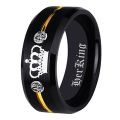 Couple's Matching Set of 6mm and 8mm Silver Engraved Her King | His Queen Black Tungsten Carbide Rings