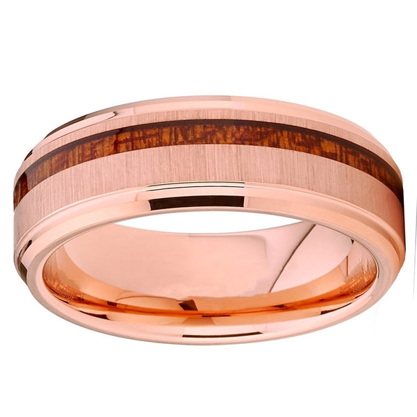 Women's 8mm Koa Wood Inlay Rose Gold Tungsten Carbide Ring