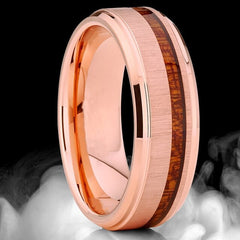 Women's 8mm Koa Wood Inlay Rose Gold Tungsten Carbide Ring