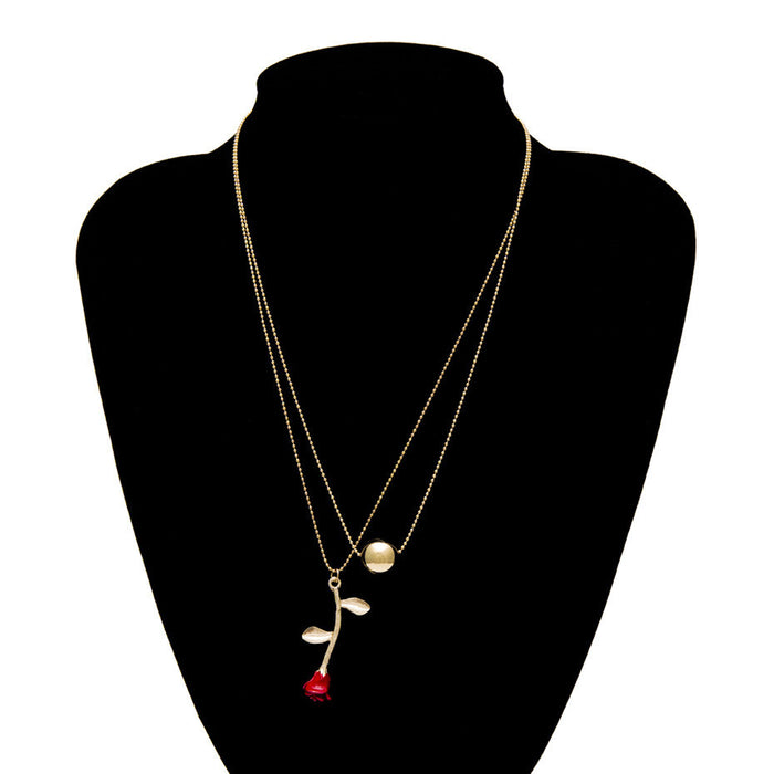 Women's Multi Layer Red Rose Flower Pendant Necklace