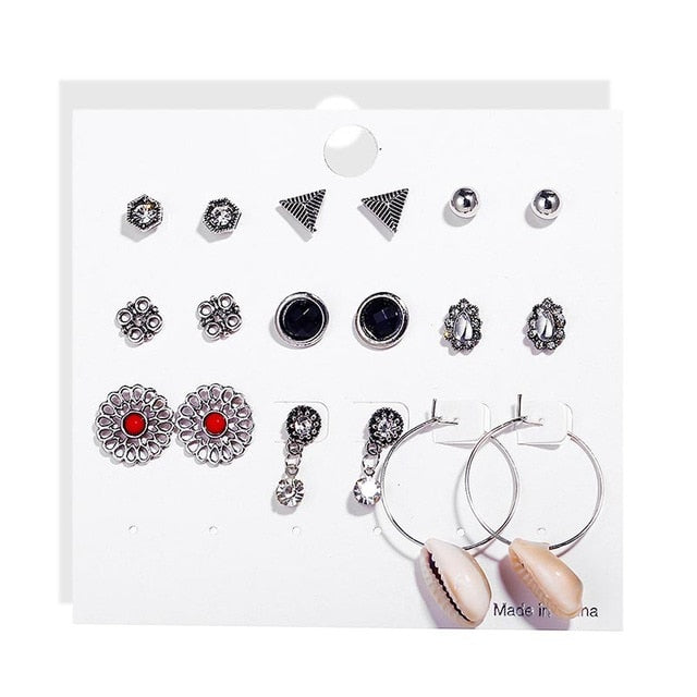 Women's Metal 9 Piece Set Hoop | Post Earrings