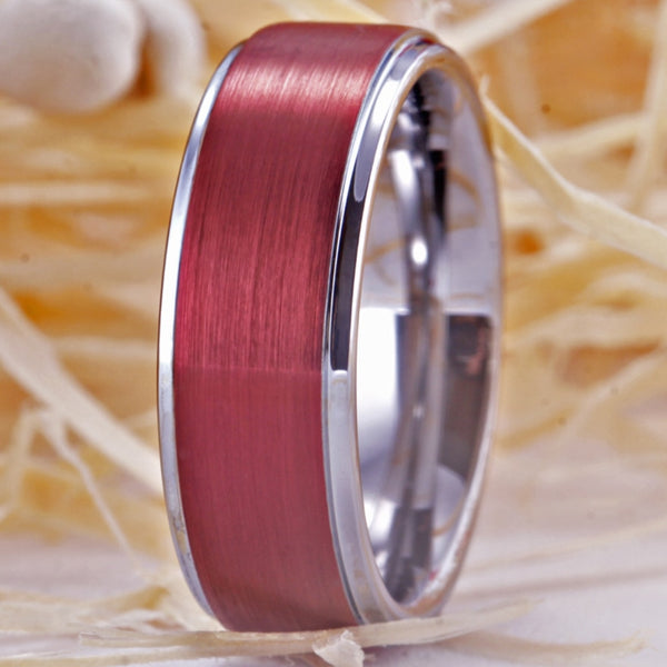 Men's 8mm Brushed Ruby and Silver Inner Tungsten Carbide Ring