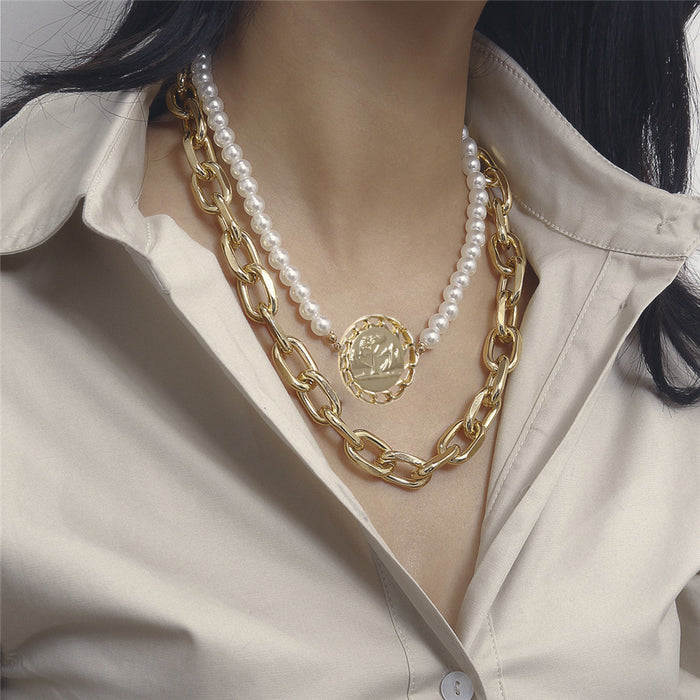 Women's Pearl Big Coin Pendant Metal Necklace