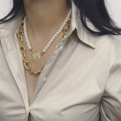 Women's Pearl Big Coin Pendant Metal Necklace