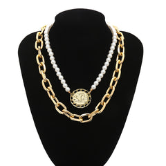 Women's Pearl Big Coin Pendant Metal Necklace