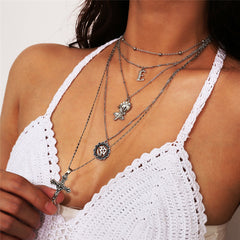 Women's Boho Cross Multilayer Bead Choker Necklace