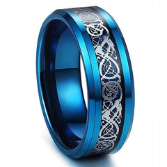 Men's 8mm Blue Celtic Dragon Inlay Blue Tungsten Carbide Ring