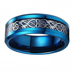 Men's 8mm Blue Celtic Dragon Inlay Blue Tungsten Carbide Ring