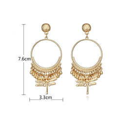 Women's Golden Dragonfly Round Hollow Gold | Silver Drop Earrings