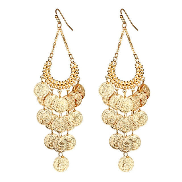 Women's Coin Tassel Drop Gold Earrings