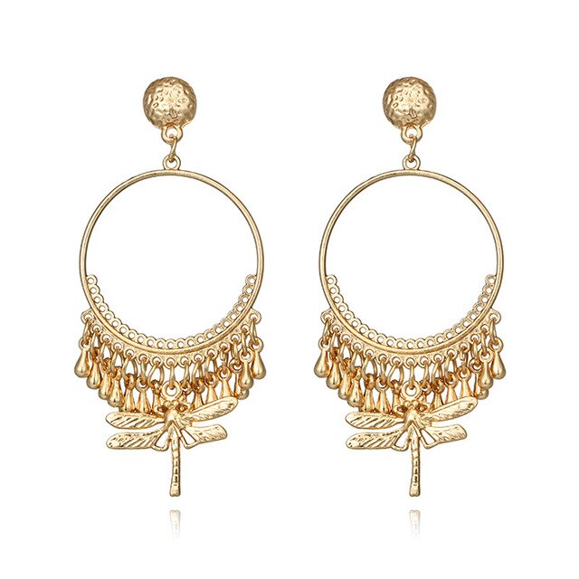 Women's Golden Dragonfly Round Hollow Gold | Silver Drop Earrings
