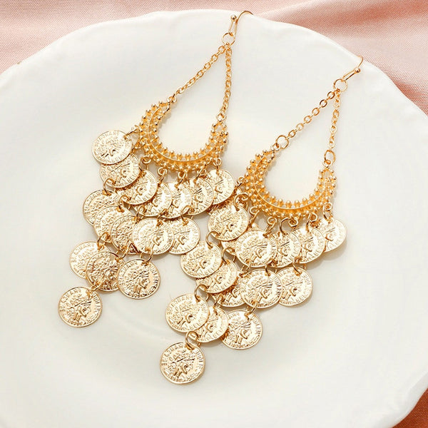 Women's Coin Tassel Drop Gold Earrings