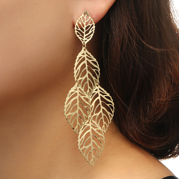 Women's Hollow Leaf Gold Drop Earrings