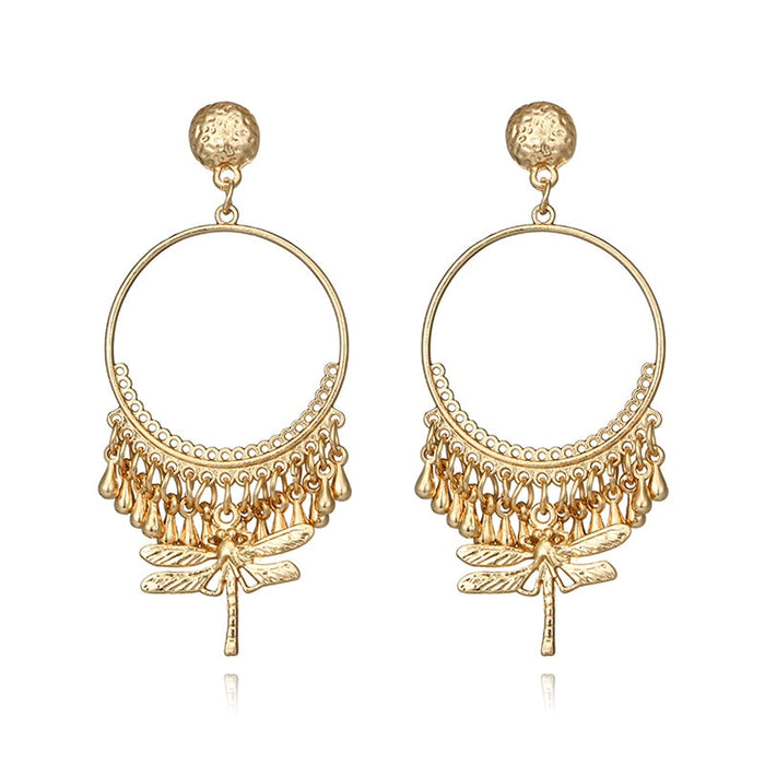 Women's Golden Dragonfly Round Hollow Gold | Silver Drop Earrings