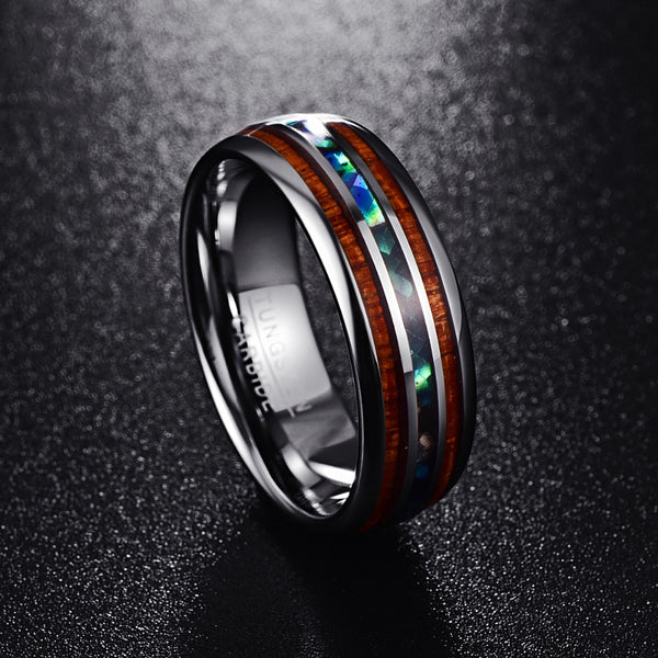 Women's 8mm Hawaiian Koa Wood and Abalone Shell Tungsten Carbide Ring