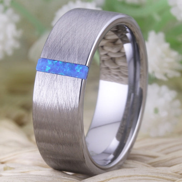 Women's 8mm Opal and Brushed Silver Tungsten Carbide Ring