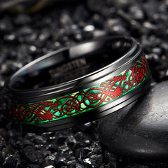 Men's 8mm Green and Red Dragon Gun Metal Tungsten Carbide Ring