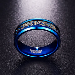 Men's 8mm Celtic Gold Dragon Blue Tungsten Carbide Ring