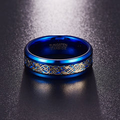 Men's 8mm Celtic Gold Dragon Blue Tungsten Carbide Ring