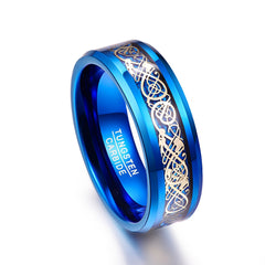 Men's 8mm Celtic Gold Dragon Blue Tungsten Carbide Ring