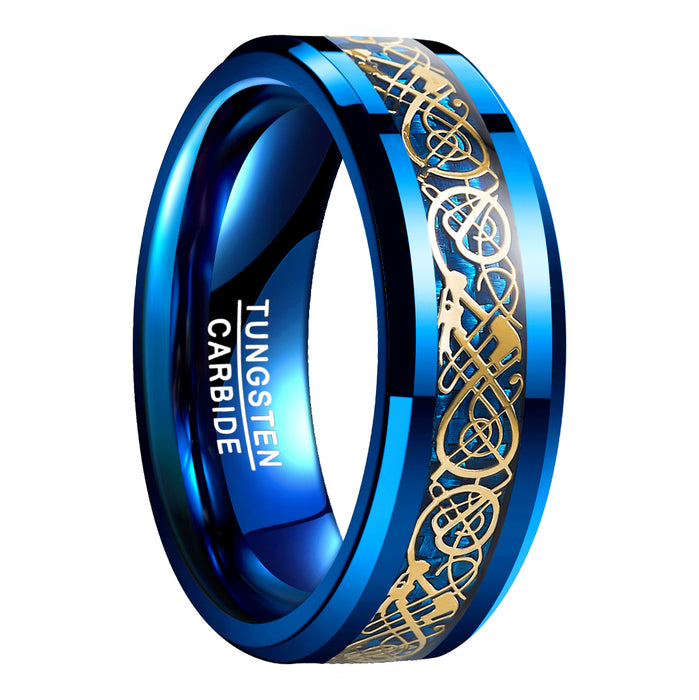 Men's 8mm Celtic Gold Dragon Blue Tungsten Carbide Ring