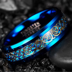 Men's 8mm Celtic Gold Dragon Blue Tungsten Carbide Ring