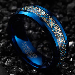 Men's 8mm Celtic Gold Dragon Blue Tungsten Carbide Ring