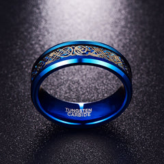 Men's 8mm Celtic Gold Dragon Blue Tungsten Carbide Ring