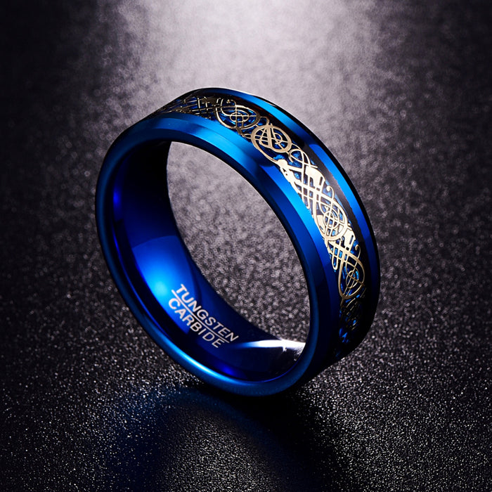 Men's 8mm Celtic Gold Dragon Blue Tungsten Carbide Ring
