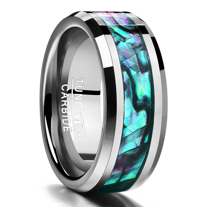 Men's 8mm Inlaid Abalone Shell Beveled Tungsten Carbide Ring
