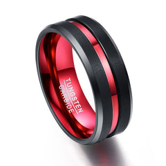 Men's 8mm Red Inner Groove Smooth Black Tungsten Carbide Ring