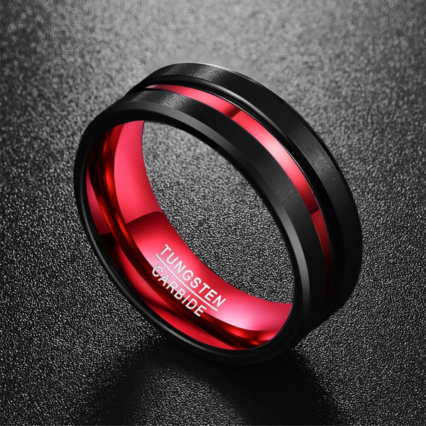 Men's 8mm Red Inner Groove Smooth Black Tungsten Carbide Ring