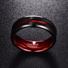 Men's 8mm Red Inner Groove Smooth Black Tungsten Carbide Ring