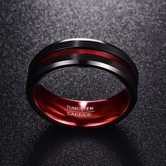 Men's 8mm Red Inner Groove Smooth Black Tungsten Carbide Ring