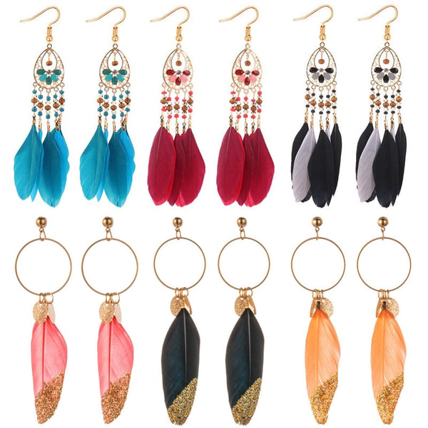 Women's Boho Single Feather Drop Earrings