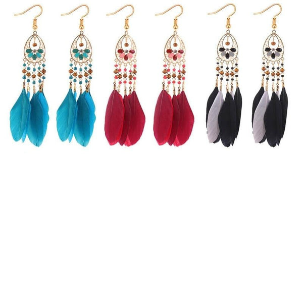 Women's Boho Triple Feather Drop Earrings