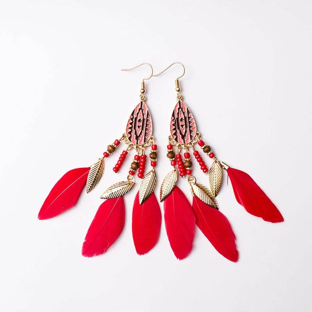 Women's Boho Triple Feather Drop Earrings