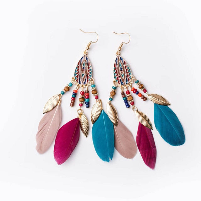 Women's Boho Triple Feather Drop Earrings